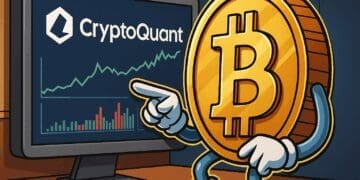 Cartoon Bitcoin karakter bekijkt CryptoQuant grafieken op computerscherm in crypto analyse setting