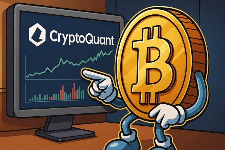 Cartoon Bitcoin karakter bekijkt CryptoQuant grafieken op computerscherm in crypto analyse setting