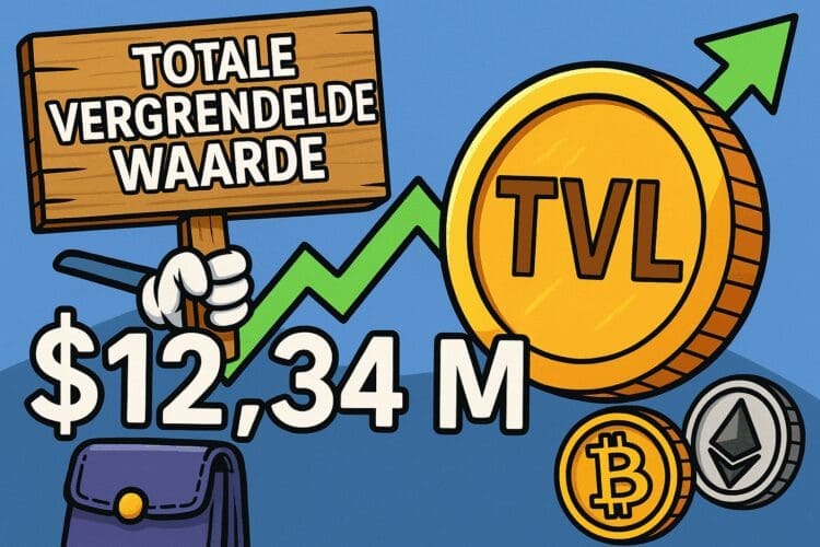 Kleurrijke crypto-karikatuur van Totale Vergrendelde Waarde (TVL), met een grote gouden munt met “TVL”, een groene pijl omhoog, een houten bord met de tekst “Totale Vergrendelde Waarde”, en Bitcoin- en Ethereum-munten op een blauwe achtergrond, in landscape-formaat.