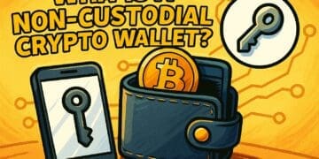 Karikatuurillustratie van een non-custodial crypto wallet, met een smartphone die een sleutel toont, een portemonnee met een Bitcoin-munt en een sleutelicoon op een gele, dynamische achtergrond in landscape-formaat.
