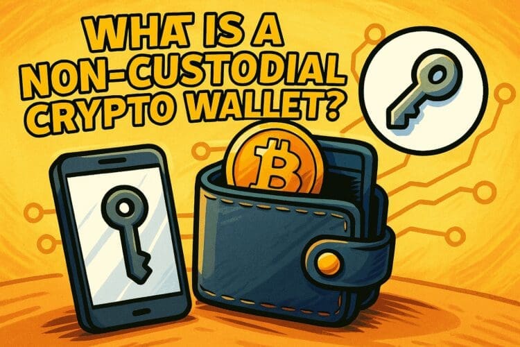 Karikatuurillustratie van een non-custodial crypto wallet, met een smartphone die een sleutel toont, een portemonnee met een Bitcoin-munt en een sleutelicoon op een gele, dynamische achtergrond in landscape-formaat.