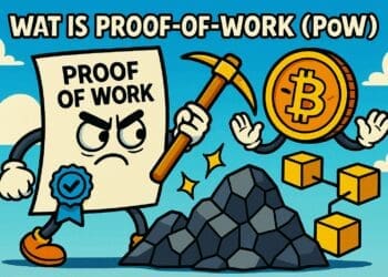 Cartoonachtige crypto-illustratie met een boze "Proof of Work"-documentfiguur die met een pikhouweel stenen hakt, naast een lachende Bitcoin-munt en zwevende blockchainblokken, tegen een blauwe lucht met wolken.