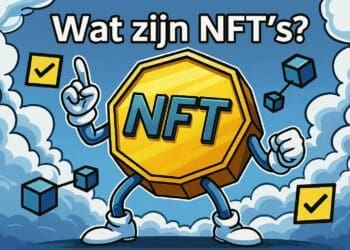 Een kleurrijke karikatuurillustratie van een goudgele NFT-munt met armen en benen, omringd door blauwe blockchain-blokken en wolken, met bovenaan de tekst “Wat zijn NFT’s?” in een levendige, dynamische compositie.