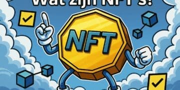 Een kleurrijke karikatuurillustratie van een goudgele NFT-munt met armen en benen, omringd door blauwe blockchain-blokken en wolken, met bovenaan de tekst “Wat zijn NFT’s?” in een levendige, dynamische compositie.