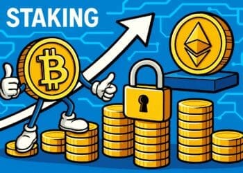 Kleurrijke cartoonstijl illustratie van crypto staking, met een vrolijke Bitcoin-munt met armen en benen, een groot hangslot, stapels gouden munten en een Ethereum-munt, tegen een blauw blockchain-patroon op de achtergrond.