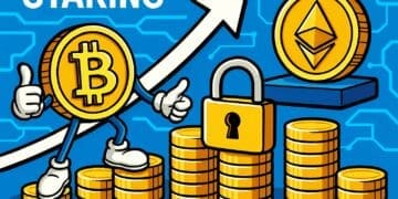 Kleurrijke cartoonstijl illustratie van crypto staking, met een vrolijke Bitcoin-munt met armen en benen, een groot hangslot, stapels gouden munten en een Ethereum-munt, tegen een blauw blockchain-patroon op de achtergrond.