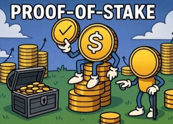 Cartoonachtige crypto-illustratie van het Proof-of-Stake concept, met antropomorfe gouden munten op stapels munten en een schatkist, tegen een levendige blauwe lucht.