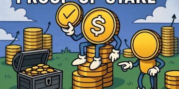 Cartoonachtige crypto-illustratie van het Proof-of-Stake concept, met antropomorfe gouden munten op stapels munten en een schatkist, tegen een levendige blauwe lucht.