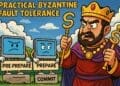 Kleurrijke crypto-karikatuur met een Byzantijnse keizer en drie antropomorfe computerschermen die de fasen Pre-Prepare, Prepare en Commit uitbeelden, tegen een levendige landschap-achtergrond.