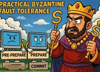Kleurrijke crypto-karikatuur met een Byzantijnse keizer en drie antropomorfe computerschermen die de fasen Pre-Prepare, Prepare en Commit uitbeelden, tegen een levendige landschap-achtergrond.