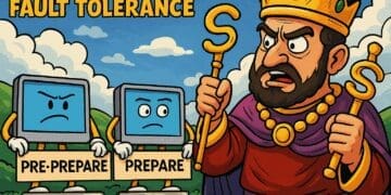 Kleurrijke crypto-karikatuur met een Byzantijnse keizer en drie antropomorfe computerschermen die de fasen Pre-Prepare, Prepare en Commit uitbeelden, tegen een levendige landschap-achtergrond.