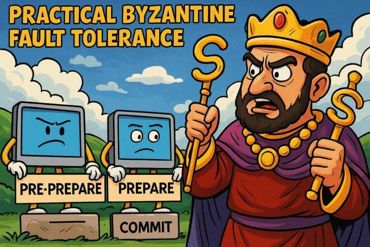 Kleurrijke crypto-karikatuur met een Byzantijnse keizer en drie antropomorfe computerschermen die de fasen Pre-Prepare, Prepare en Commit uitbeelden, tegen een levendige landschap-achtergrond.