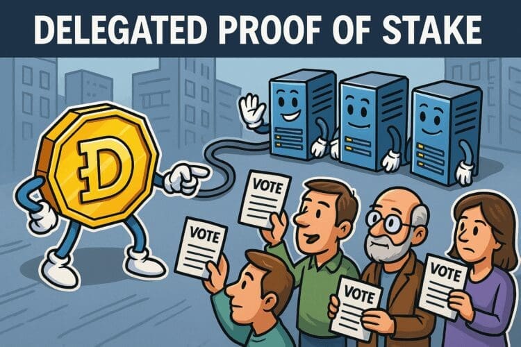 Een kleurrijke crypto-karikatuur waarin een gouden munt met de letter D, omringd door kiezers met stembiljetten, vertegenwoordigers aanwijst. Op de achtergrond staan drie vrolijke servers tegen een blauw-grijze stadsachtergrond in landscape-formaat.