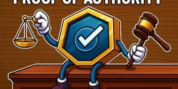 Cartoonstijl illustratie van een blockchain-badge met een blauw vinkje, zittend achter een rechterstafel, met in de ene hand een weegschaal en in de andere hand een houten hamer