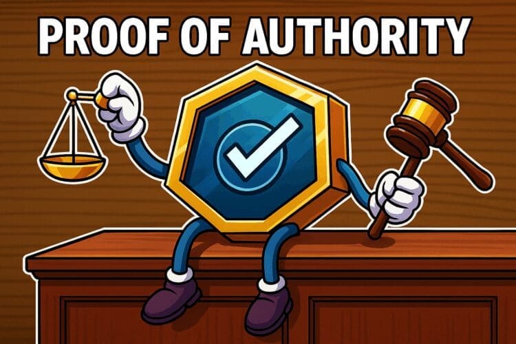 Cartoonstijl illustratie van een blockchain-badge met een blauw vinkje, zittend achter een rechterstafel, met in de ene hand een weegschaal en in de andere hand een houten hamer