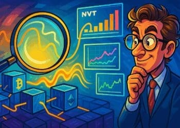 Cartoonachtige illustratie van een analist die met een loep blockchain-data onderzoekt, met Bitcoin- en Ethereum-symbolen en grafieken.