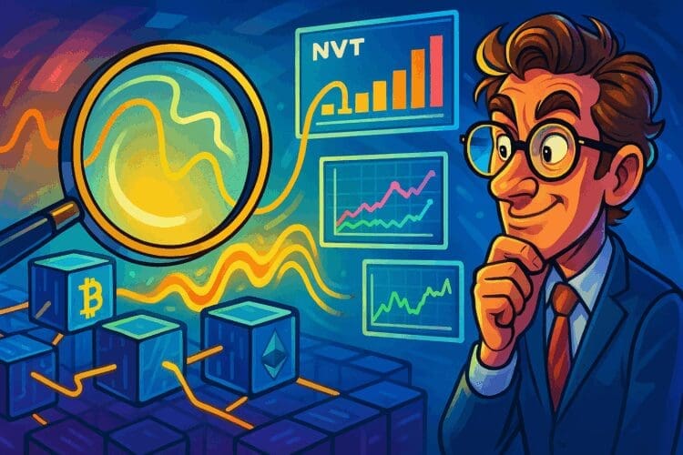 Cartoonachtige illustratie van een analist die met een loep blockchain-data onderzoekt, met Bitcoin- en Ethereum-symbolen en grafieken.