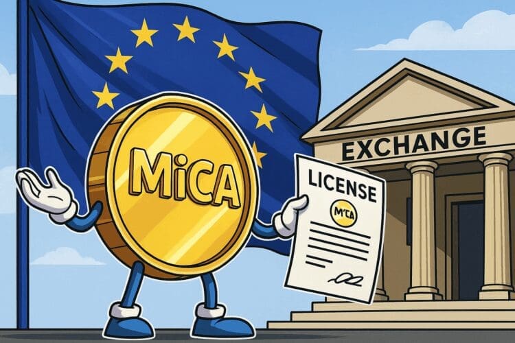 Cartoon van een gouden munt met MiCA-logo die een licentie vasthoudt voor een crypto-exchange, met EU-vlag op de achtergrond.