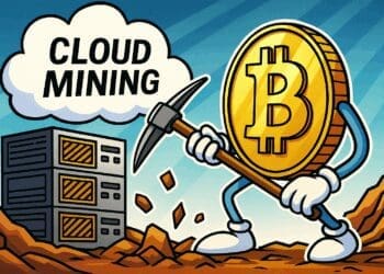 Cartoonstijl illustratie van cloud mining in 2025 met een Bitcoin-munt die een houweel hanteert naast servers en een wolk.