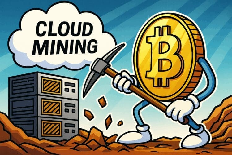 Cartoonstijl illustratie van cloud mining in 2025 met een Bitcoin-munt die een houweel hanteert naast servers en een wolk.