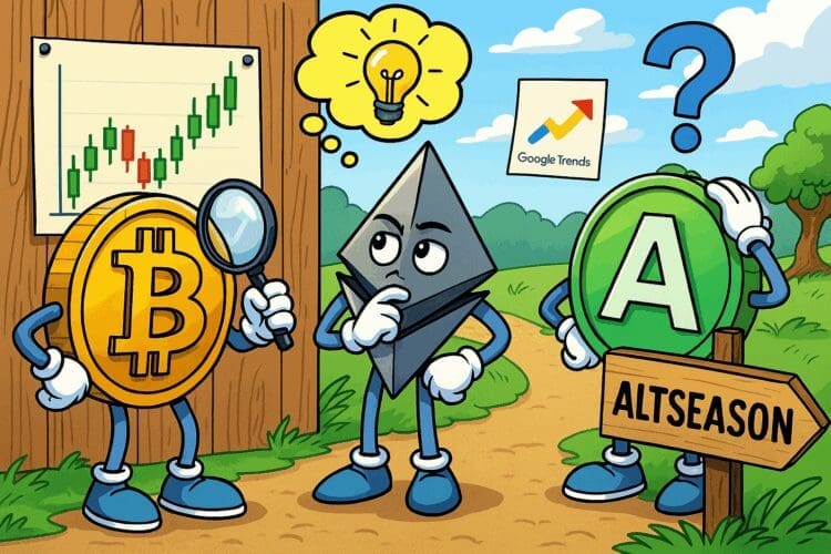 Cartoon van Bitcoin, Ethereum en een altcoin die samen marktsignalen analyseren voor de start van altseason, met grafieken en trendindicatoren in beeld.