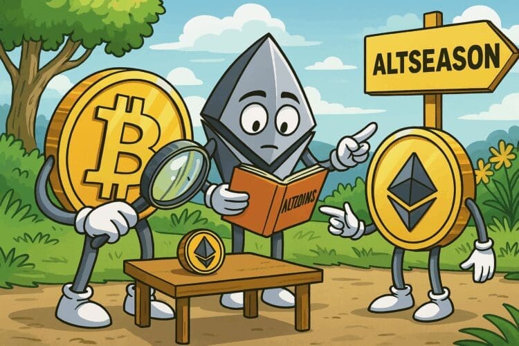 Cartoon van Bitcoin, Ethereum en een altcoin die samen altcoins onderzoeken met een boek, vergrootglas en richtingbord naar altseason op de achtergrond.