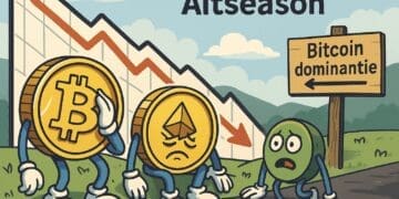 Cartoon van Bitcoin, Ethereum en een altcoin die sip en verward kijken bij een dalende grafiek en een bord met ‘Bitcoin dominantie’ na altseason.