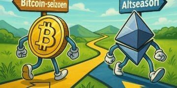 Cartoon van Bitcoin en Ethereum die ieder een andere weg inslaan, met borden naar ‘Bitcoin-seizoen’ en ‘Altseason’ in een heuvelachtig landschap.