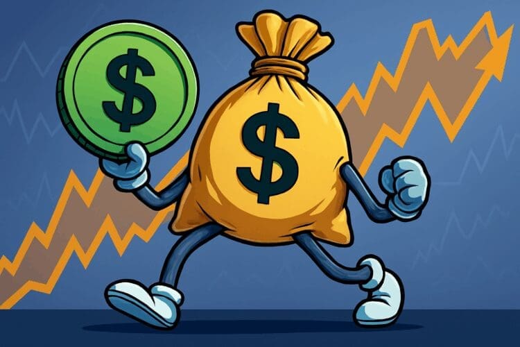 Karikatuur van een geldzak met armen en benen die een grote groene munt vasthoudt, met op de achtergrond een stijgende crypto-grafiek in oranje en een blauwe achtergrond