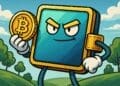 Cartoonachtige crypto-wallet die een Bitcoin vasthoudt in een kleurrijk landschap, symbool voor zelfbeheer in de cryptowereld