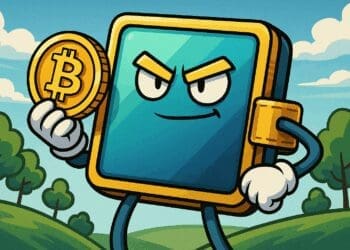 Cartoonachtige crypto-wallet die een Bitcoin vasthoudt in een kleurrijk landschap, symbool voor zelfbeheer in de cryptowereld