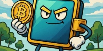 Cartoonachtige crypto-wallet die een Bitcoin vasthoudt in een kleurrijk landschap, symbool voor zelfbeheer in de cryptowereld