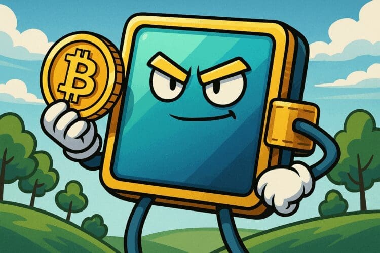 Cartoonachtige crypto-wallet die een Bitcoin vasthoudt in een kleurrijk landschap, symbool voor zelfbeheer in de cryptowereld