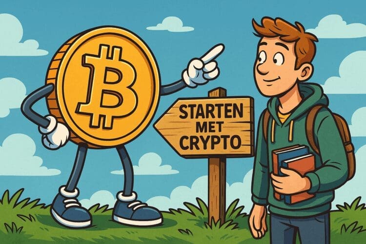 Illustratie van een cartoonachtige Bitcoin die een bord aanwijst met 'Starten met crypto', naast een jongeman met boeken in zijn hand.