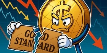 Cartoon van een gouden munt die boos een "GOLD STANDARD"-certificaat scheurt, als visualisatie van de goudstandaard afgeschaft en de overgang naar fiatgeld.