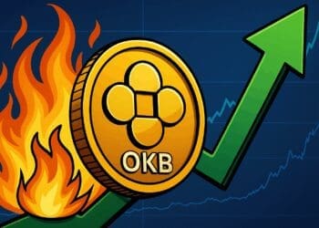 Illustratie van de OKB koers die stijgt na een token burn, met een brandende munt, groene pijl en OKB-token als centraal element.