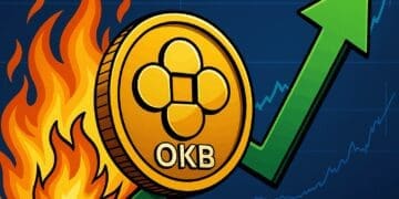 Illustratie van de OKB koers die stijgt na een token burn, met een brandende munt, groene pijl en OKB-token als centraal element.