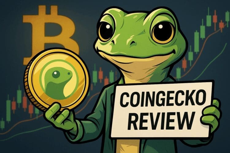 Cartoonstijl gecko met CoinGecko-munt en koersgrafieken op de achtergrond