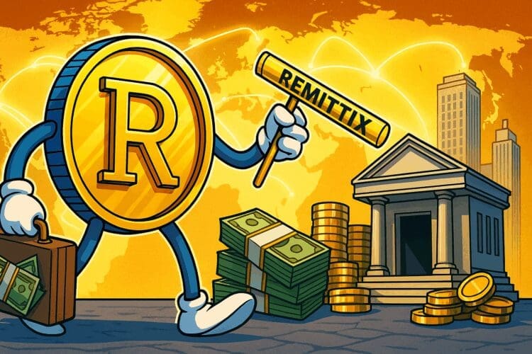 Karikatuur van Remittix token (RTX) als vliegende munt die wereldwijde betalingen en banktransacties visualiseert, symbool voor de opkomst van utility-driven altcoins in 2025.