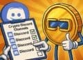 Karikatuur van een gouden crypto-munt met checklist en Discord-logo’s die de selectiecriteria van crypto Discord kanalen uitbeeldt.