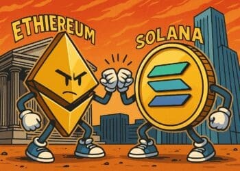 Karikatuur met Ethereum en Solana tokens als stripfiguren die elkaar uitdagen in een stadsdecor.