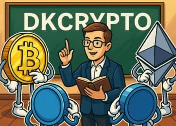 Karikatuur van een crypto trader die lesgeeft met Bitcoin en Ethereum symbolen passend bij de DKCRYPTO review blogpost.