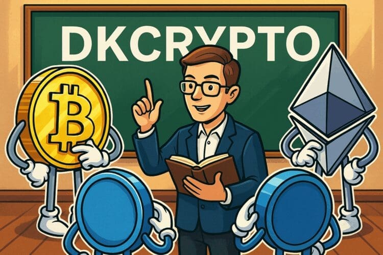 Karikatuur van een crypto trader die lesgeeft met Bitcoin en Ethereum symbolen passend bij de DKCRYPTO review blogpost.