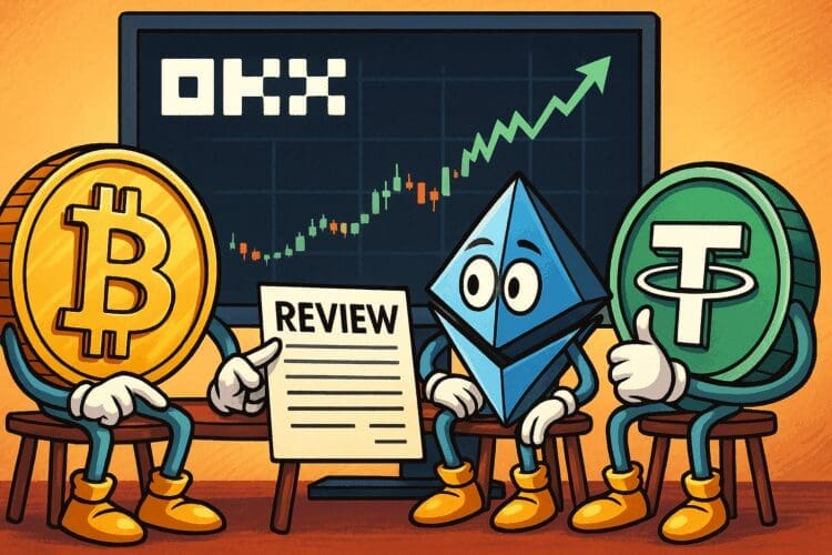 Cartoonachtige illustratie van Bitcoin, Ethereum en Tether die samen een reviewdocument bekijken voor een scherm met stijgende koersgrafiek en groot OKX-logo.