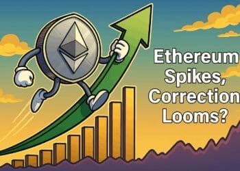 Cartoon van Ethereum-munt die opwaarts schiet op een groene pijl, met grafiekbalken op de achtergrond en tekst “Ethereum Spikes, Correction Looms?”