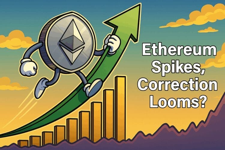 Cartoon van Ethereum-munt die opwaarts schiet op een groene pijl, met grafiekbalken op de achtergrond en tekst “Ethereum Spikes, Correction Looms?”