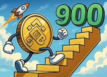 Karikatuur van Binance Coin die gouden traptreden oploopt richting $900, met raket op de achtergrond in cartoonstijl