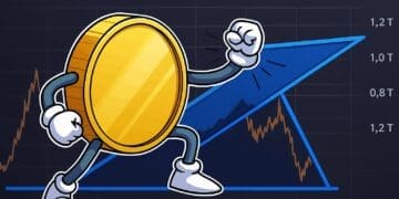 Karikatuur van een gouden altcoin die door een blauwe ascending triangle op een koersgrafiek breekt, symbool voor een aanstaande altseason-uitbraak.