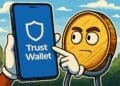 Cartoon van een gouden munt die nieuwsgierig kijkt naar de Trust Wallet-app op een smartphone