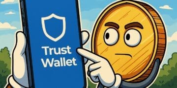 Cartoon van een gouden munt die nieuwsgierig kijkt naar de Trust Wallet-app op een smartphone